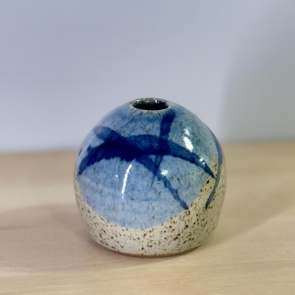 Vintage Studio Pottery Speckled Blue Bud Vase | Artist Signed | Minimalist Small